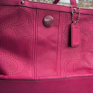 Coach Vintage Pink Signature Stripe Perforated Leather Carryall Tote bag